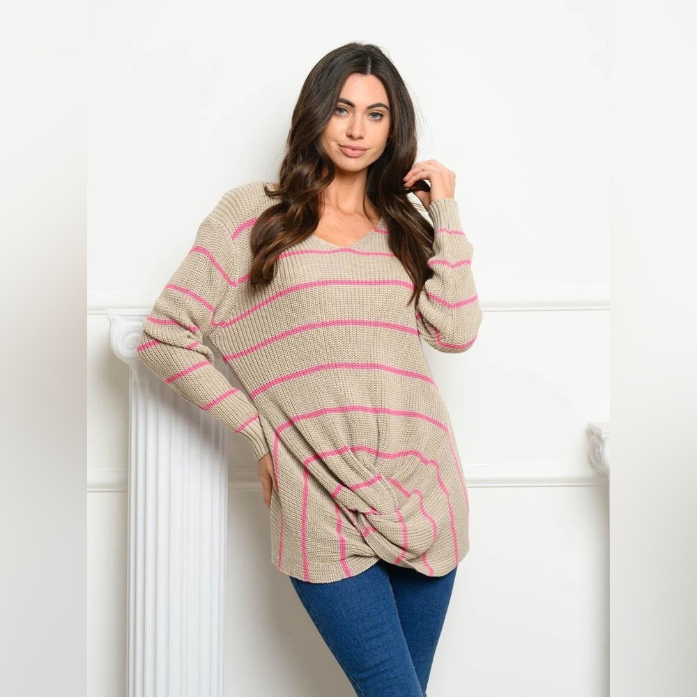 053 Free As A Bird Long Sleeve V-Neck Front Twist Stripes Pullover Sweater